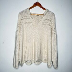 Lucky Brand‎ Womens 2X Hooded Sweater Ivory Cream Pointelle Pullover Boho Cozy